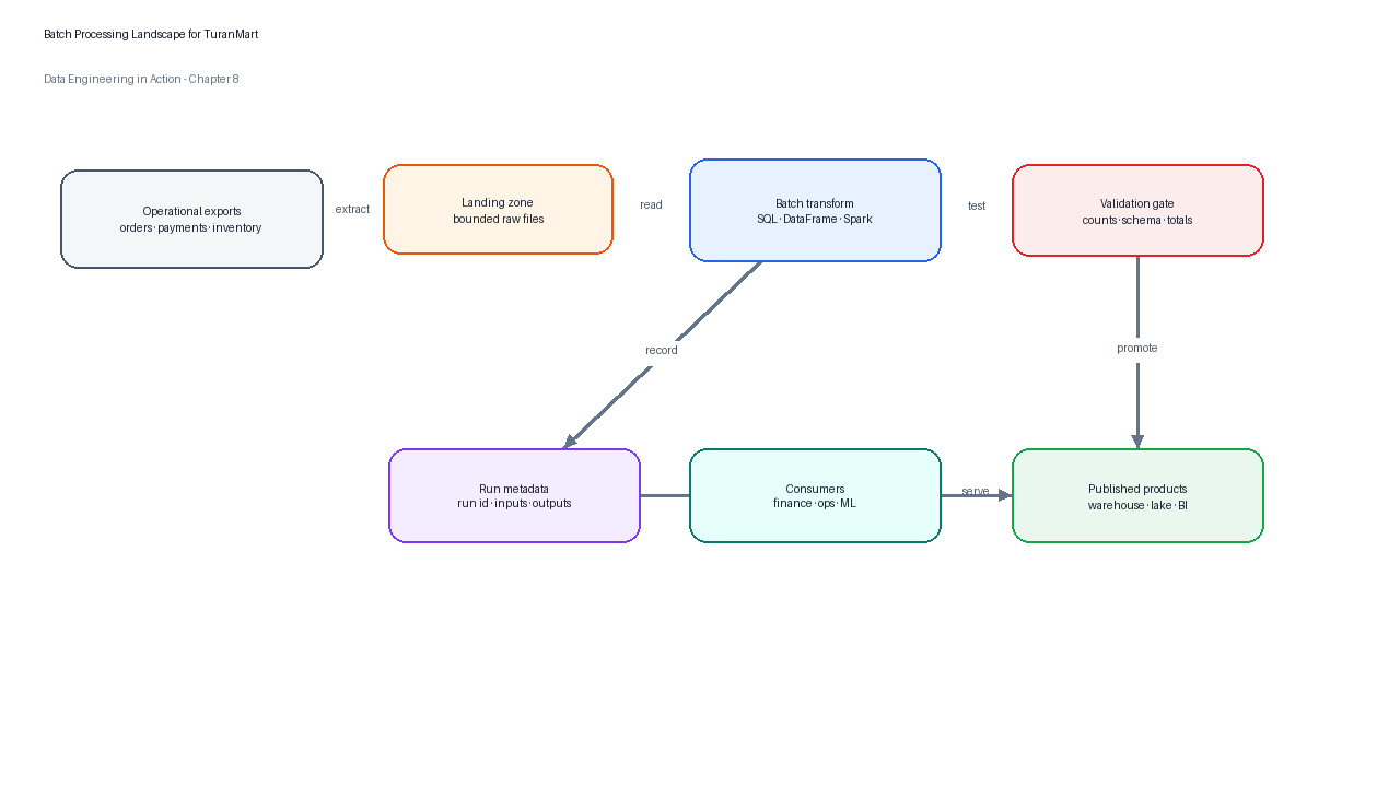 Batch processing landscape for TuranMart from source exports to validated analytical outputs.