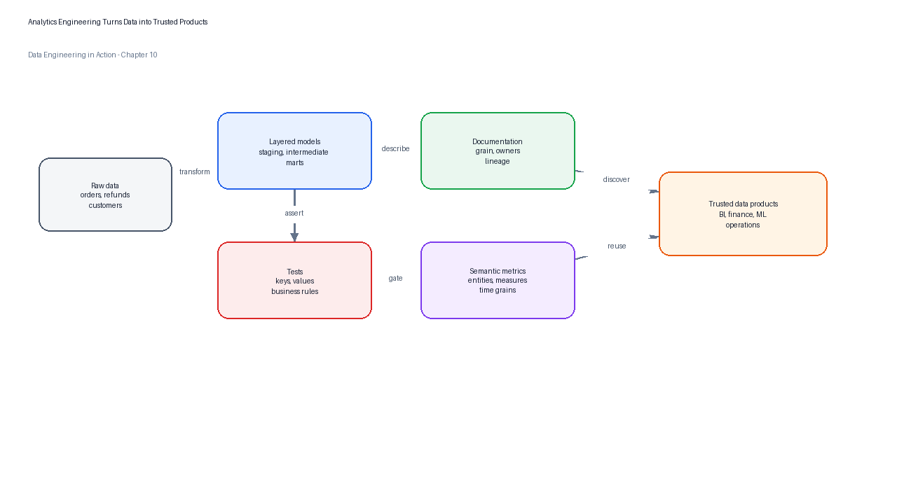 Chapter 10 overview showing raw data becoming tested, documented, semantic analytics models.