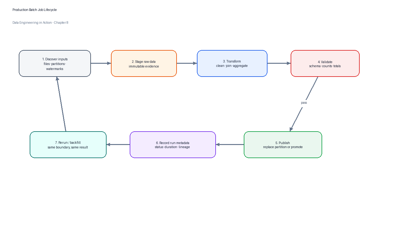 Lifecycle of a production batch job from planning and input discovery to validation and publication.