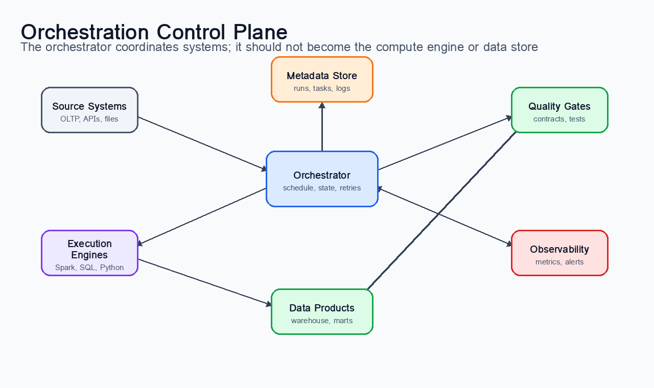 An orchestration control plane coordinates source systems, execution engines, metadata, monitoring, and trusted data products. The orchestrator decides what should run and records what happened; workers and external engines perform the actual compute.
