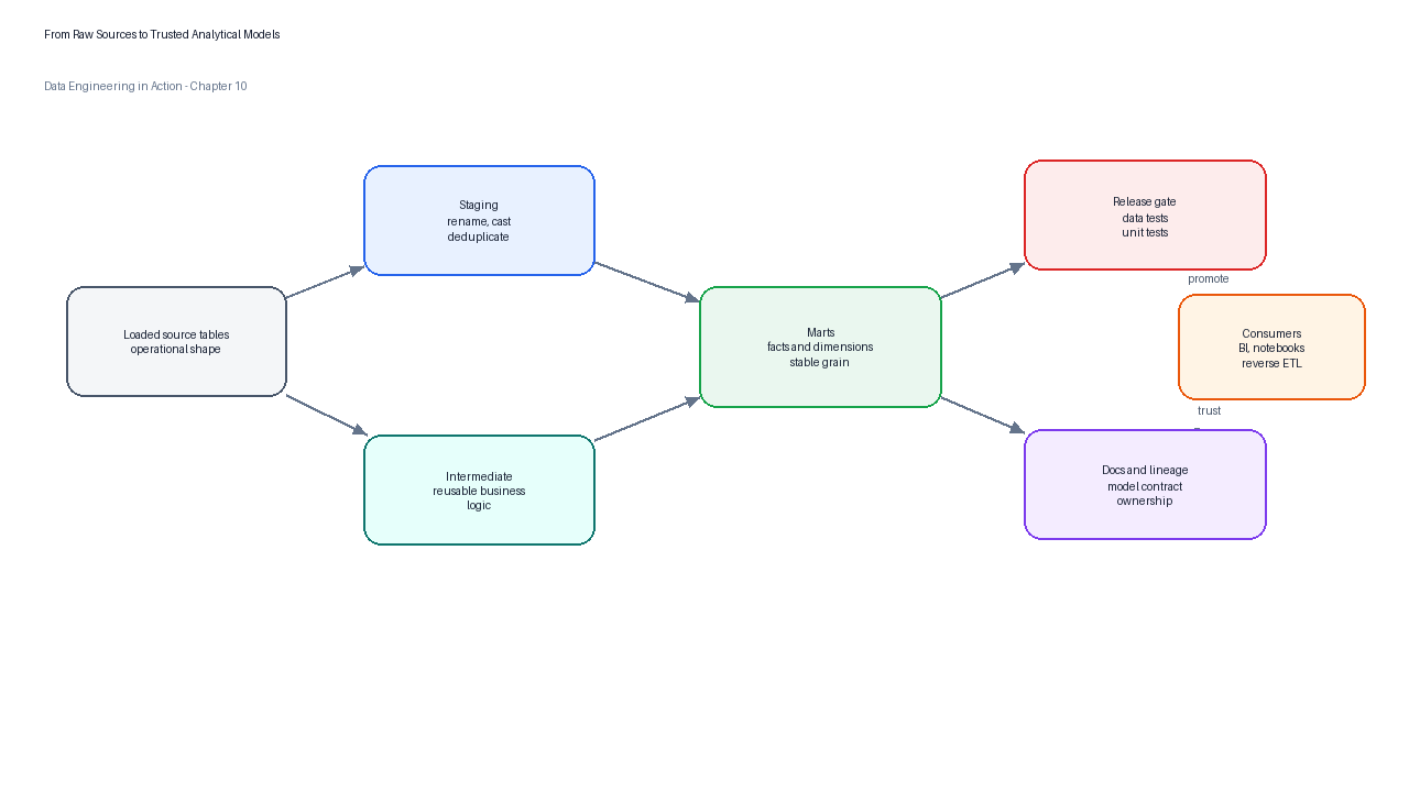 Pipeline from raw sources through staging, intermediate, marts, tests, documentation, semantic metrics, and BI use.