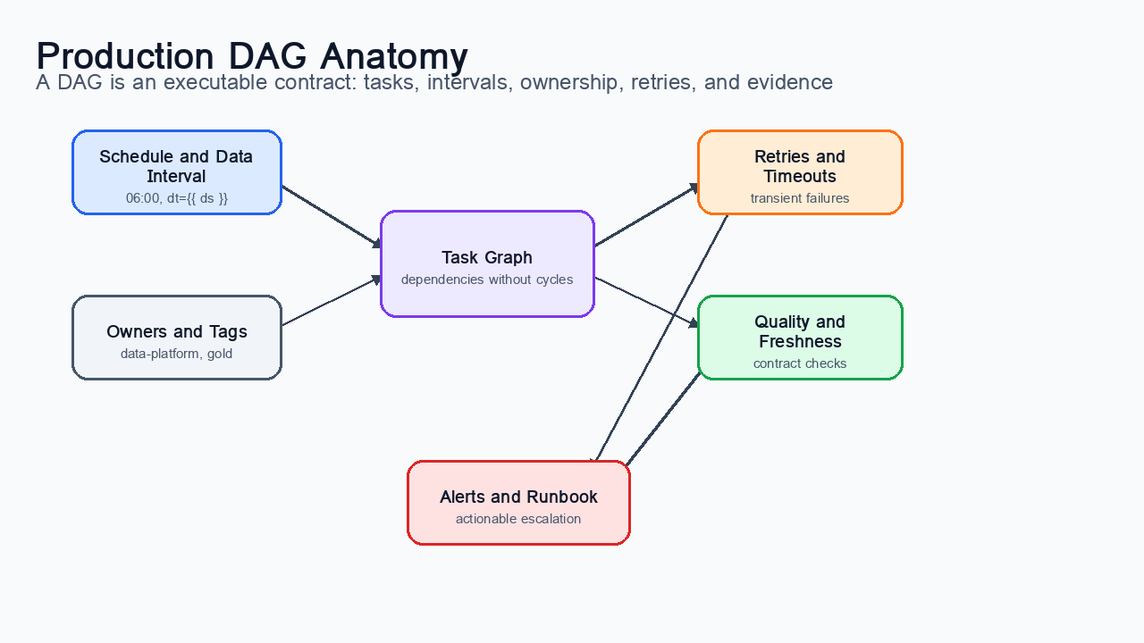 Anatomy of a production DAG: a workflow contract combines tasks, dependencies, data intervals, retry behavior, quality gates, ownership, and alerting.