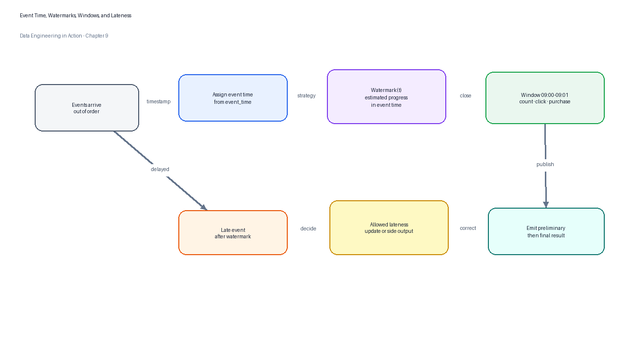 Event-time processing assigns records to business windows, while watermarks determine when the processor believes a window is complete enough to emit.