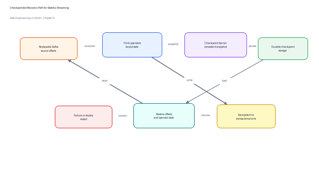 Checkpointed recovery coordinates replayable Kafka offsets, operator state, durable checkpoint storage, and idempotent or transactional sinks.