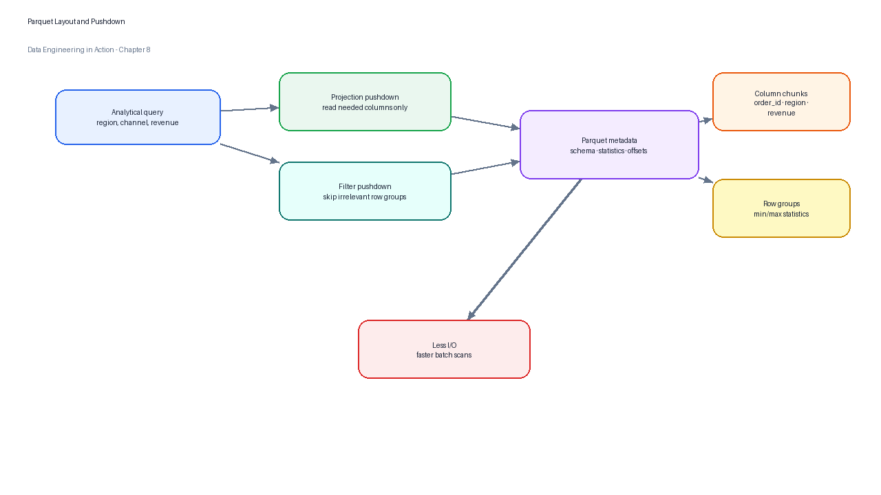 Parquet row groups, columns, metadata, projection pushdown, and filter pushdown.