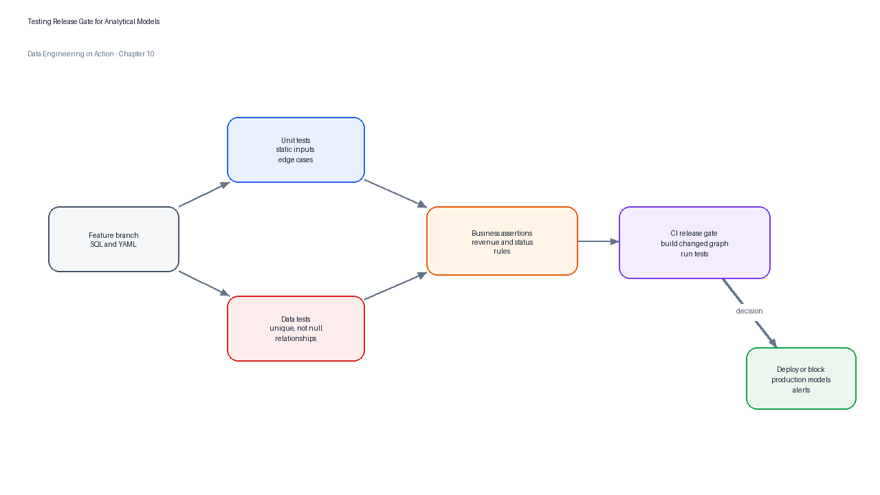 Testing release gate for analytics models with unit tests, source checks, schema tests, business tests, and deployment decisions.
