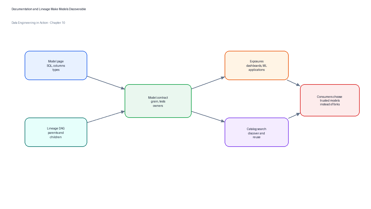 Documentation and lineage catalog showing models, columns, tests, owners, exposures, and consumers.
