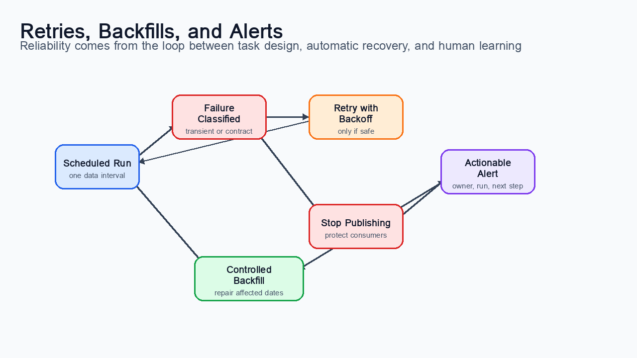 Reliability loop for orchestrated pipelines: tasks fail, retry when the failure is transient, stop on contract violations, backfill corrected intervals, and feed incident learning into future design.