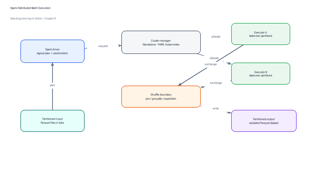 Spark distributed batch execution with driver, cluster manager, executors, tasks, shuffle, and Parquet output partitions.