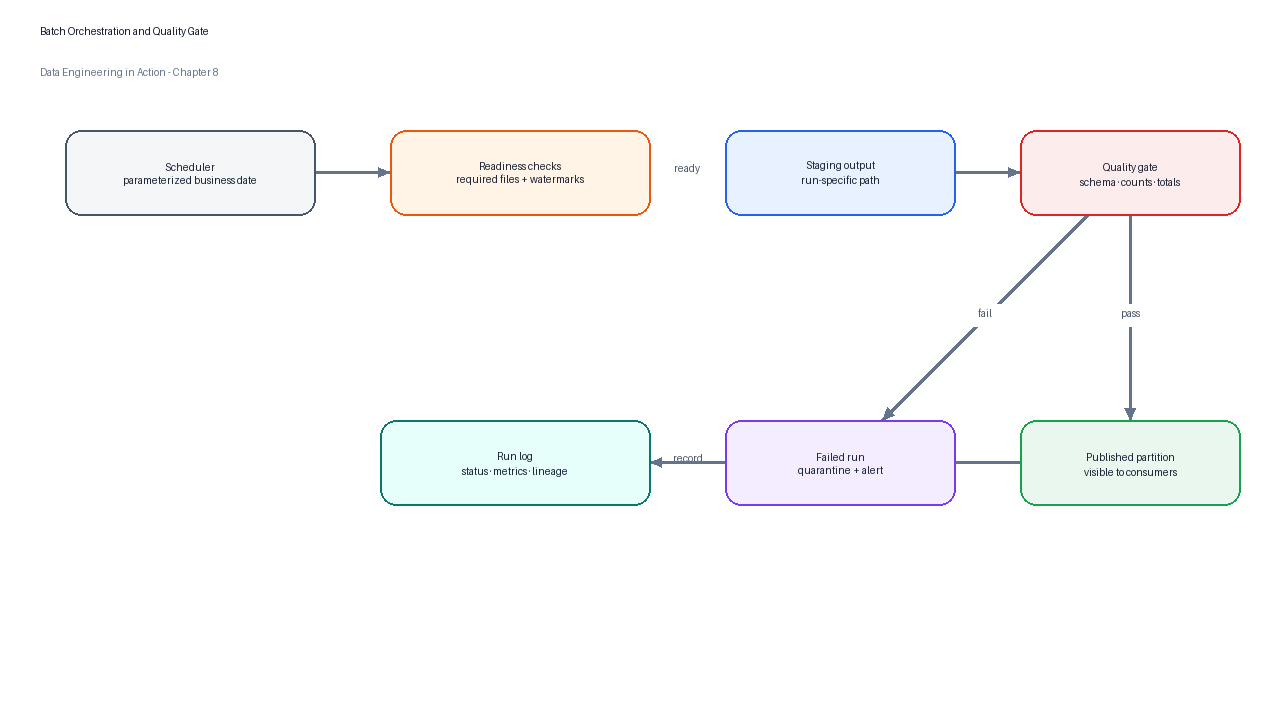 Batch orchestration quality gate separating staging outputs from published datasets.
