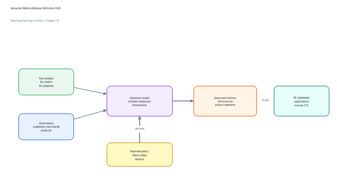 Semantic metrics layer connecting facts and dimensions to governed metrics consumed by BI and applications.