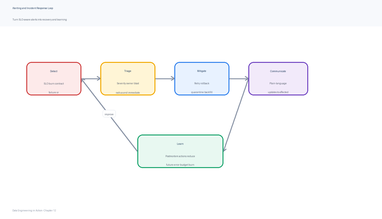 The reliability loop turns SLO-aware alerts into incident response, mitigation, postmortems, and reliability improvements.