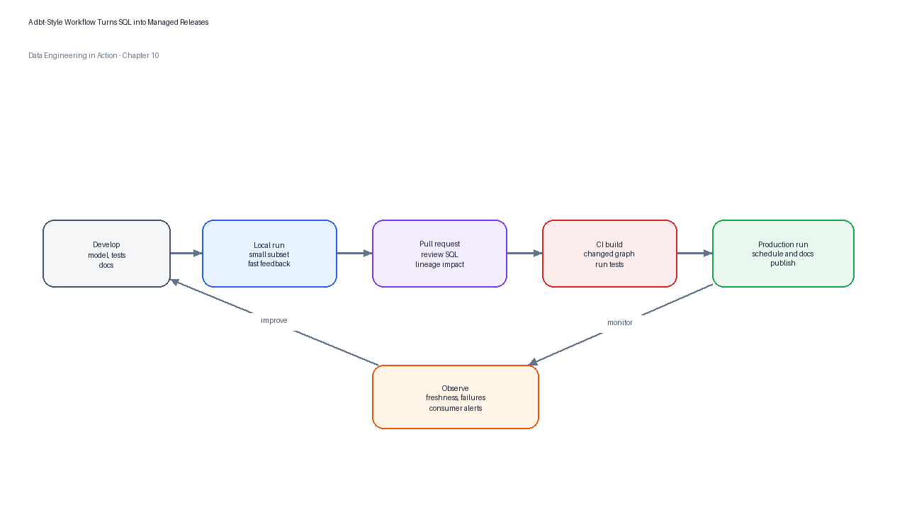 Analytics engineering workflow from branch development through testing, code review, CI, deployment, docs, and monitoring.